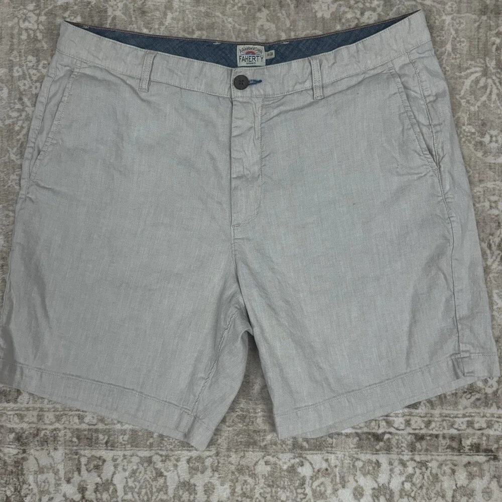 Faherty Men's Chino Shorts Linen Blend Khaki 35 Preppy‎ Coastal Beach Casual